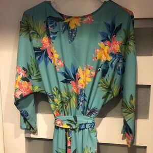Flying Tomato Tropical Long Jumpsuit Deep V Belted Palazzo Flowy Large